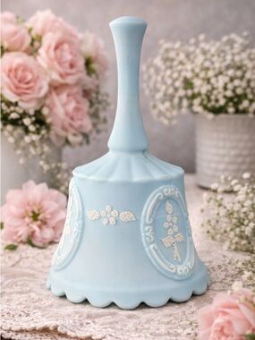 Vintage Blue Satin Glass Bell Floral Relief Cottagecore Decor Shabby Chic